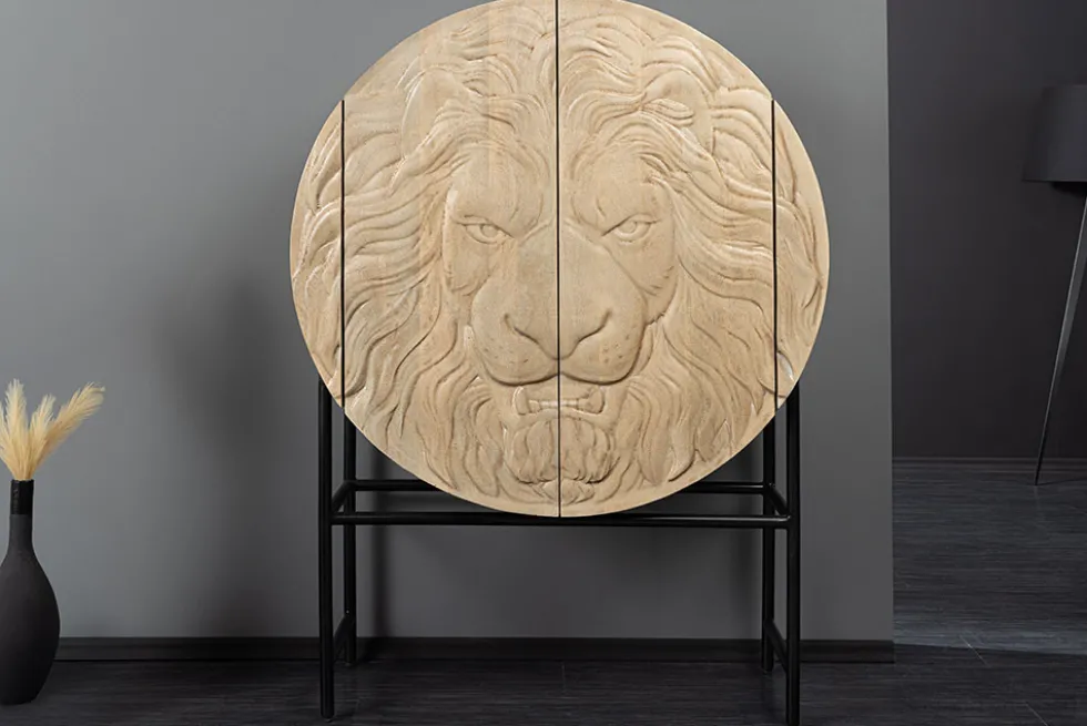 Massives Highboard LION 140cm weiß Mangoholz Metall 3D Schnitzereien Kunstwerk