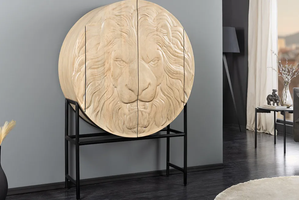 Massives Highboard LION 140cm weiß Mangoholz Metall 3D Schnitzereien Kunstwerk