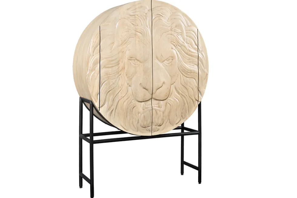 Massives Highboard LION 140cm weiß Mangoholz Metall 3D Schnitzereien Kunstwerk