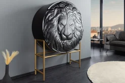 Massives Highboard LION 140cm schwarz gold Mangoholz 3D Schnitzereien Kunstwerk