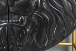 Massives Highboard LION 140cm schwarz gold Mangoholz 3D Schnitzereien Kunstwerk