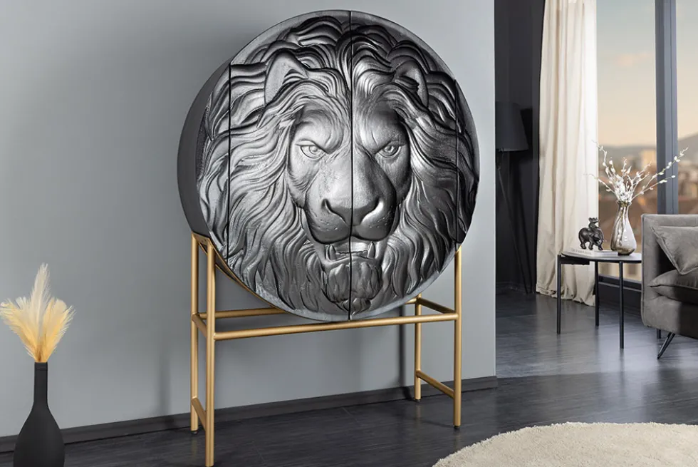 Massives Highboard LION 140cm schwarz gold Mangoholz 3D Schnitzereien Kunstwerk