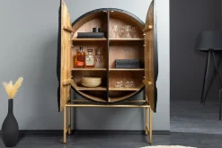 Massives Highboard LION 140cm schwarz gold Mangoholz 3D Schnitzereien Kunstwerk