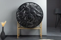 Massives Highboard LION 140cm schwarz gold Mangoholz 3D Schnitzereien Kunstwerk