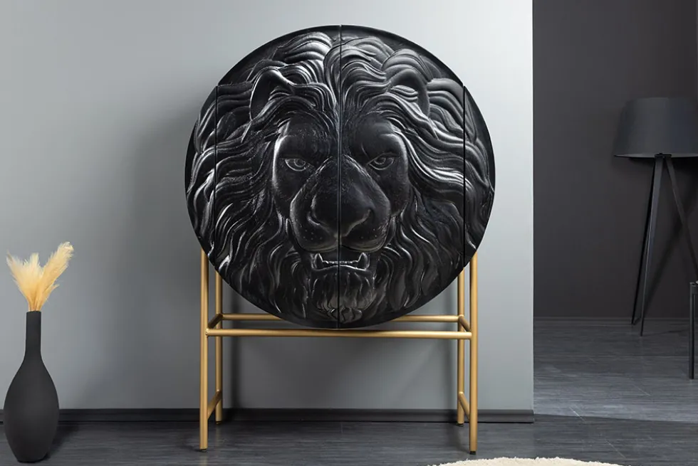 Massives Highboard LION 140cm schwarz gold Mangoholz 3D Schnitzereien Kunstwerk