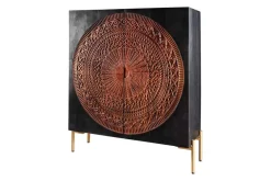 Massives Highboard MANDALA 120cm Mangoholz mit 3D Schnitzereien schwarz goldene Füße