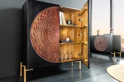 Massives Highboard MANDALA 120cm Mangoholz mit 3D Schnitzereien schwarz goldene Füße