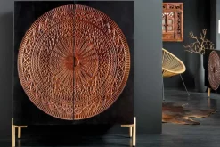Massives Highboard MANDALA 120cm Mangoholz mit 3D Schnitzereien schwarz goldene Füße