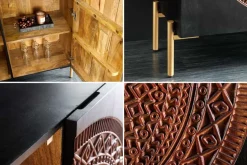 Massives Highboard MANDALA 120cm Mangoholz mit 3D Schnitzereien schwarz goldene Füße