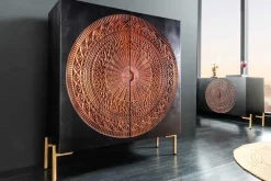 Massives Highboard MANDALA 120cm Mangoholz mit 3D Schnitzereien schwarz goldene Füße
