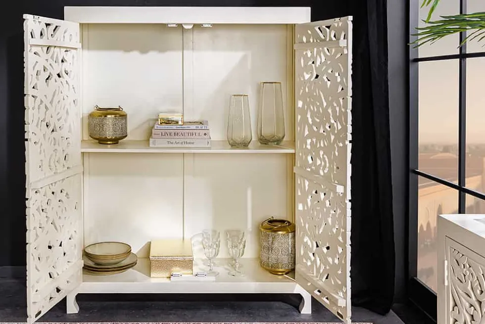 Massives Highboard MARRAKESCH 140cm weiß Mangoholz mit Verzierung handmade