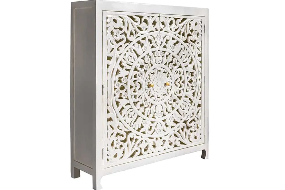Massives Highboard MARRAKESCH 140cm weiß Mangoholz mit Verzierung handmade