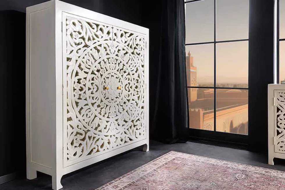 Massives Highboard MARRAKESCH 140cm weiß Mangoholz mit Verzierung handmade