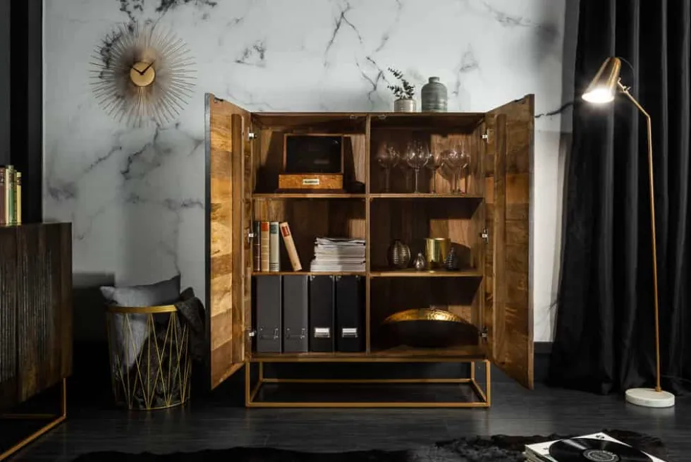 Massives Highboard ONYX 120cm dunkelbraun Mangoholz Edelstein Achat gold Metallgestell