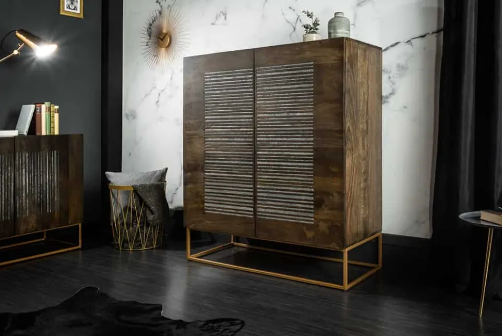 Massives Highboard ONYX 120cm dunkelbraun Mangoholz Edelstein Achat gold Metallgestell