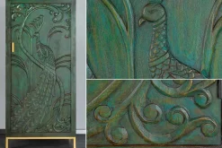 Massives Highboard PEACOCK 170cm grün Mangoholz antik 3D Schnitzerei Pfau-Design