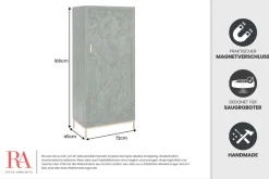 Massives Highboard PEACOCK 170cm grün Mangoholz antik 3D Schnitzerei Pfau-Design