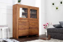 Massives Highboard PURE 140cm braun Sheesham stone finish Vitrine Palisander