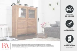 Massives Highboard PURE 140cm braun Sheesham stone finish Vitrine Palisander