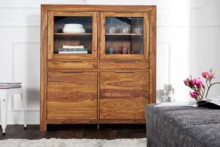 Massives Highboard PURE 140cm braun Sheesham stone finish Vitrine Palisander