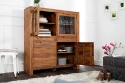 Massives Highboard PURE 140cm braun Sheesham stone finish Vitrine Palisander