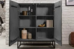 Massives Highboard SCORPION 120cm grau Akazie aufwendige 3D Schnitzereien
