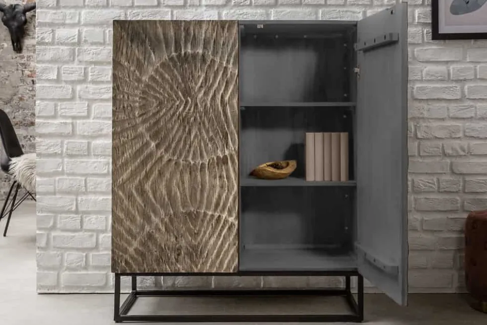 Massives Highboard SCORPION 120cm grau Akazie aufwendige 3D Schnitzereien