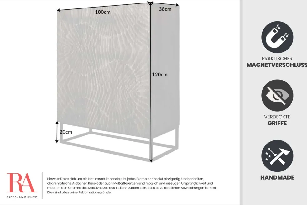 Massives Highboard SCORPION 120cm grau Akazie aufwendige 3D Schnitzereien