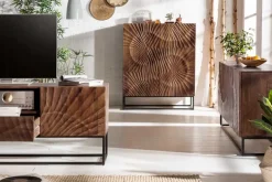 Massives Highboard SCORPION 120cm dunkelbraun Akazie mit 3D Schnitzereien schwarz Metall