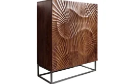 Massives Highboard SCORPION 120cm dunkelbraun Akazie mit 3D Schnitzereien schwarz Metall