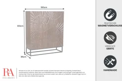 Massives Highboard SCORPION 120cm dunkelbraun Akazie mit 3D Schnitzereien schwarz Metall