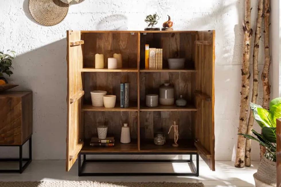 Massives Highboard SCORPION 120cm braun Mangoholz aufwendige 3D Schnitzereien