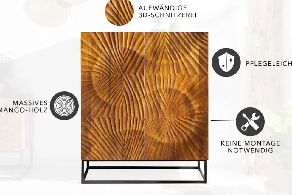 Massives Highboard SCORPION 120cm braun Mangoholz aufwendige 3D Schnitzereien