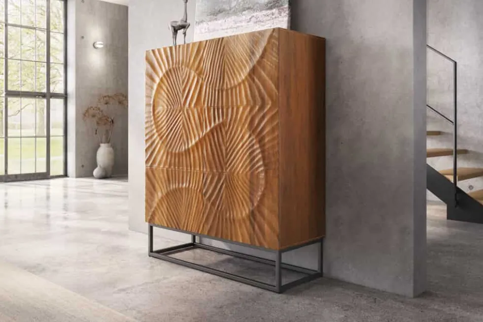 Massives Highboard SCORPION 120cm braun Mangoholz aufwendige 3D Schnitzereien
