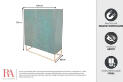 Massives Highboard SCORPION 120cm türkis Mangoholz mit 3D Schnitzereien gold Metall