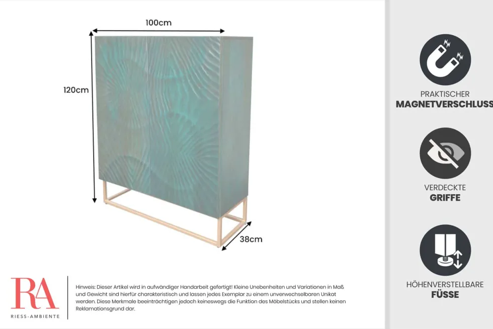 Massives Highboard SCORPION 120cm türkis Mangoholz mit 3D Schnitzereien gold Metall