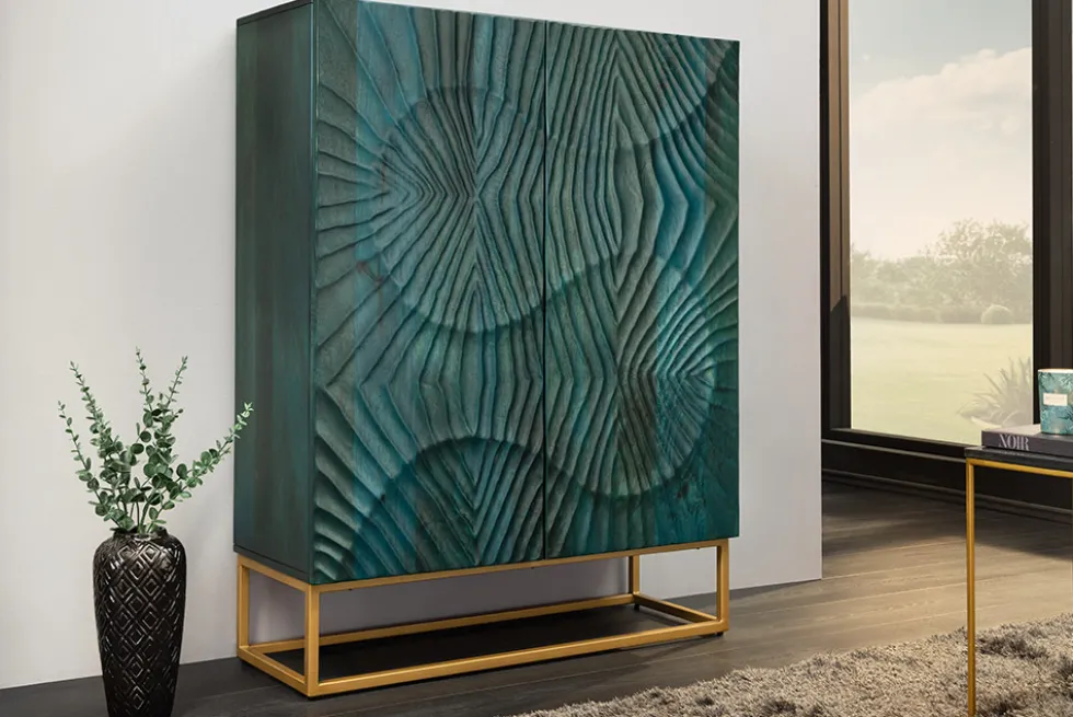 Massives Highboard SCORPION 120cm türkis Mangoholz mit 3D Schnitzereien gold Metall