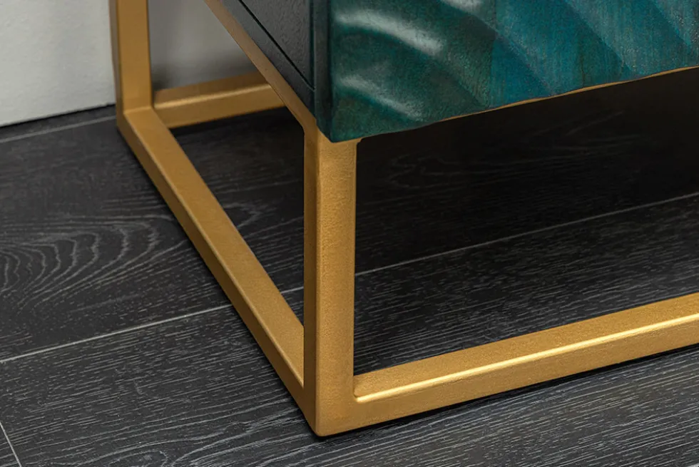 Massives Highboard SCORPION 120cm türkis Mangoholz mit 3D Schnitzereien gold Metall
