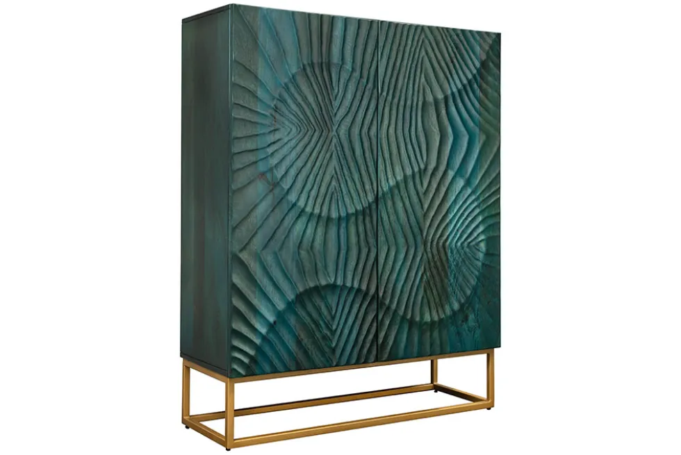 Massives Highboard SCORPION 120cm türkis Mangoholz mit 3D Schnitzereien gold Metall