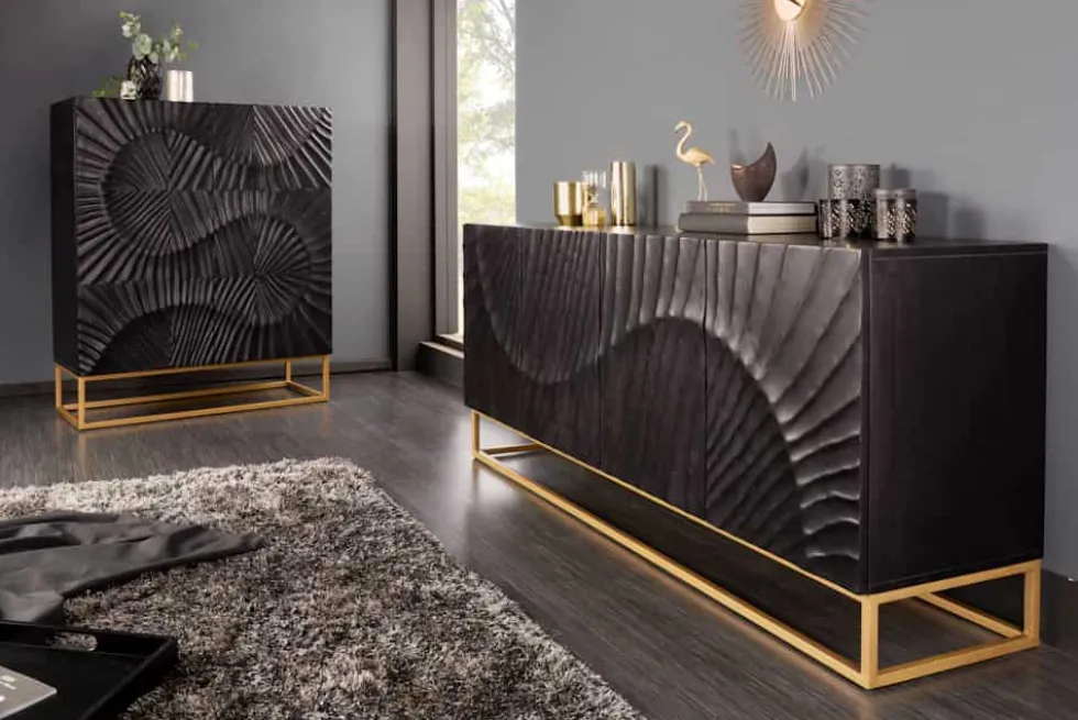 Massives Highboard SCORPION 120cm schwarz Mangoholz aufwendige 3D Schnitzereien