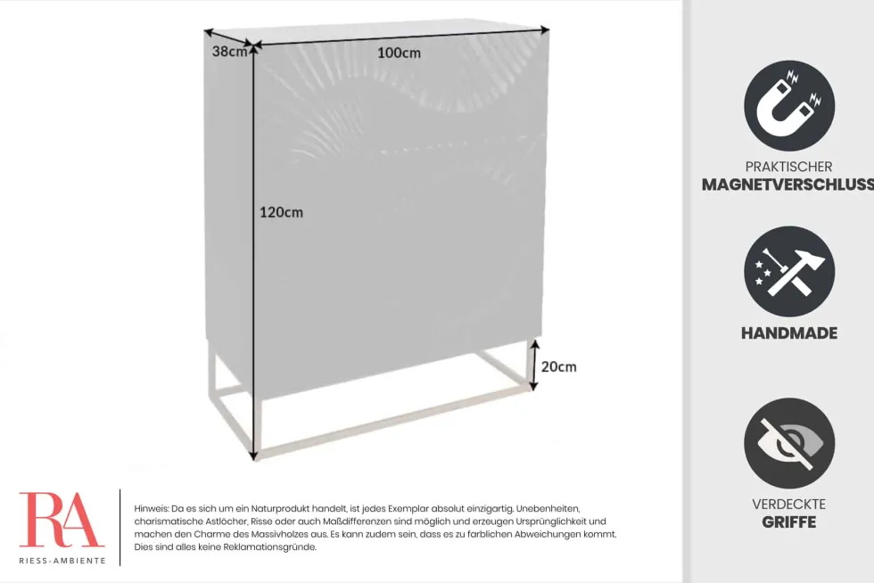 Massives Highboard SCORPION 120cm schwarz Mangoholz aufwendige 3D Schnitzereien