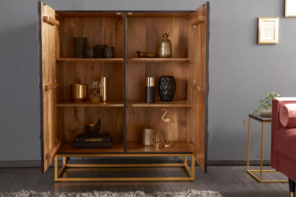 Massives Highboard SCORPION 120cm schwarz Mangoholz aufwendige 3D Schnitzereien