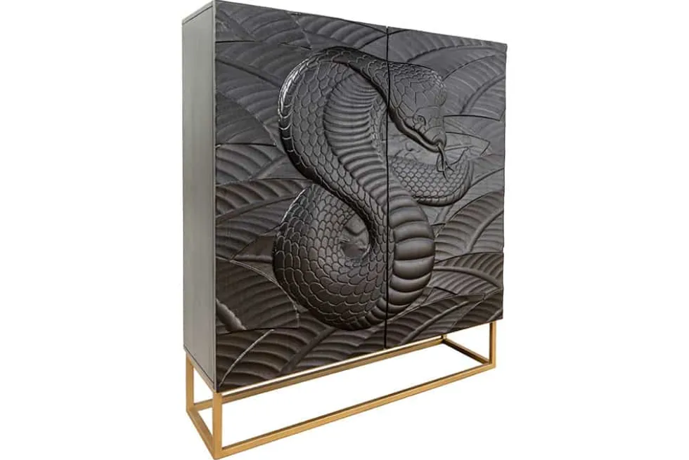 Massives Highboard SNAKE 120cm schwarz gold Mangoholz Schlangen-Design mit aufwendigen 3D Schnitzereien