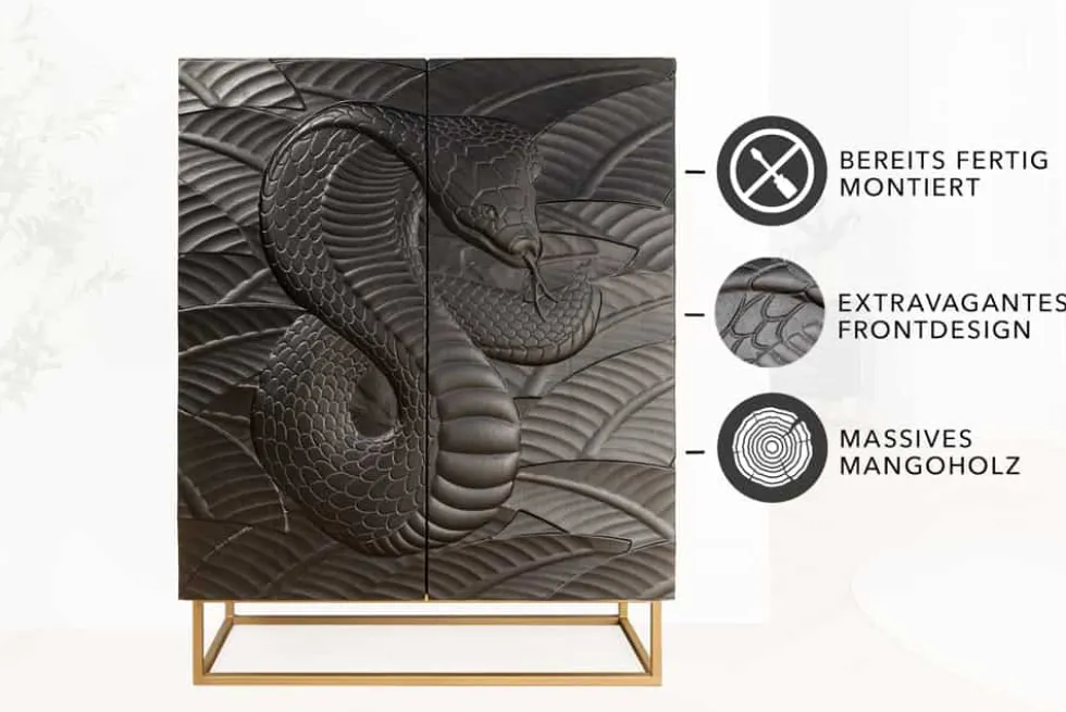 Massives Highboard SNAKE 120cm schwarz gold Mangoholz Schlangen-Design mit aufwendigen 3D Schnitzereien