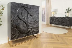 Massives Highboard SNAKE 120cm schwarz gold Mangoholz Schlangen-Design mit aufwendigen 3D Schnitzereien