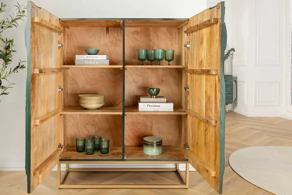 Massives Highboard SNAKE 120cm türkis gold Mangoholz Schlangen-Design mit aufwendigen 3D Schnitzereien