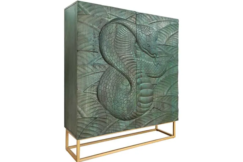 Massives Highboard SNAKE 120cm türkis gold Mangoholz Schlangen-Design mit aufwendigen 3D Schnitzereien