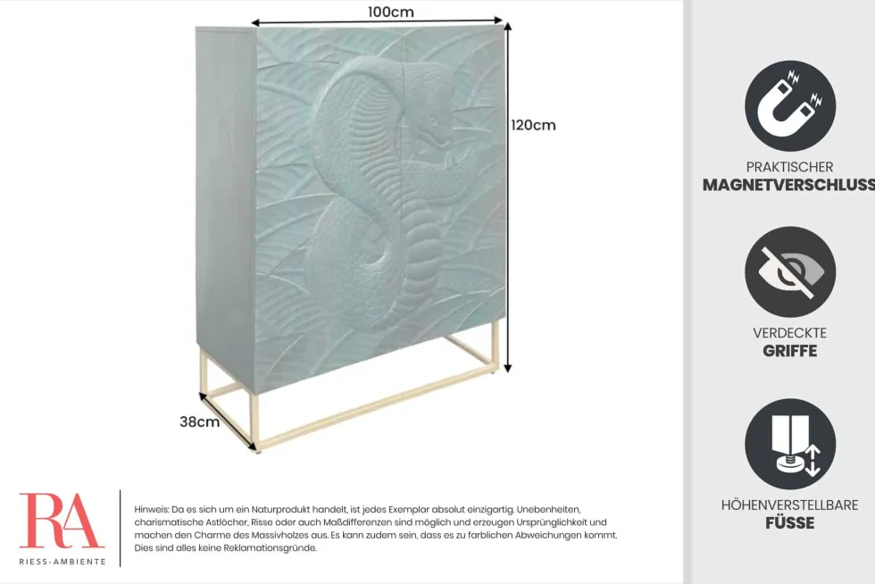 Massives Highboard SNAKE 120cm türkis gold Mangoholz Schlangen-Design mit aufwendigen 3D Schnitzereien