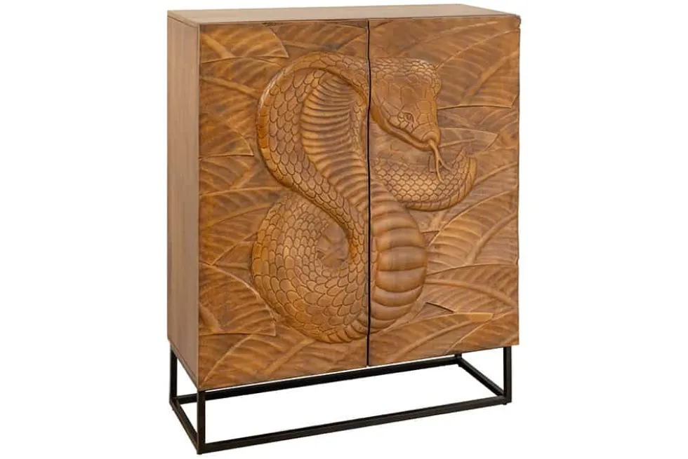 Massives Highboard SNAKE 120cm braun schwarz Mangoholz Schlangen-Design mit aufwendigen 3D Schnitzereien