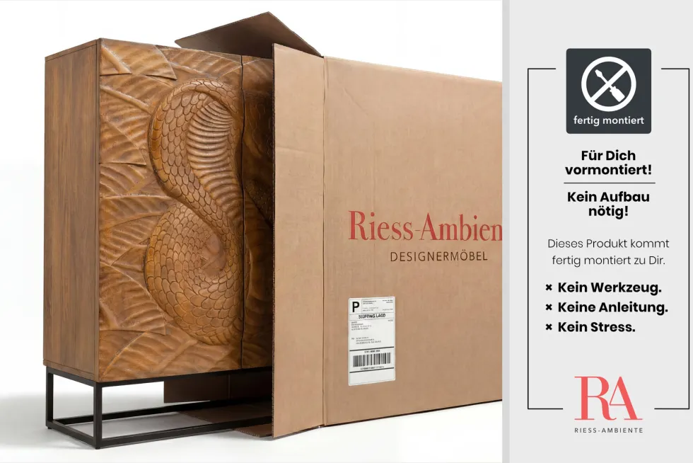 Massives Highboard SNAKE 120cm braun schwarz Mangoholz Schlangen-Design mit aufwendigen 3D Schnitzereien